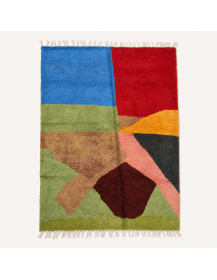 Tapis Beni Ouarain artisanal marocain en laine vert anis et multicolore à motifs géométriques abstraits