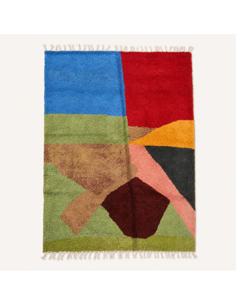 Tapis Beni Ouarain artisanal marocain en laine vert anis et multicolore à motifs géométriques abstraits