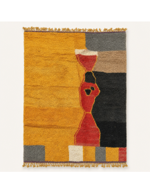 Tapis Beni Ouarain artisanal marocain en laine jaune moutarde et charbon, motif abstrait géométrique