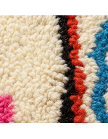 Détail du velours shaggy en laine et des motifs géométriques turquoise, bleu cobalt, rose et jaune
